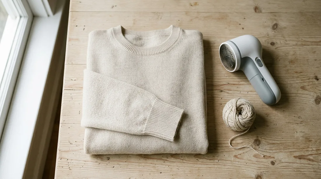Von oben fotografiert: ein zusammengelegter heller Feinstrickpullover neben einem Fusselrasierer und einem Wollknäuel auf einem Holztisch
