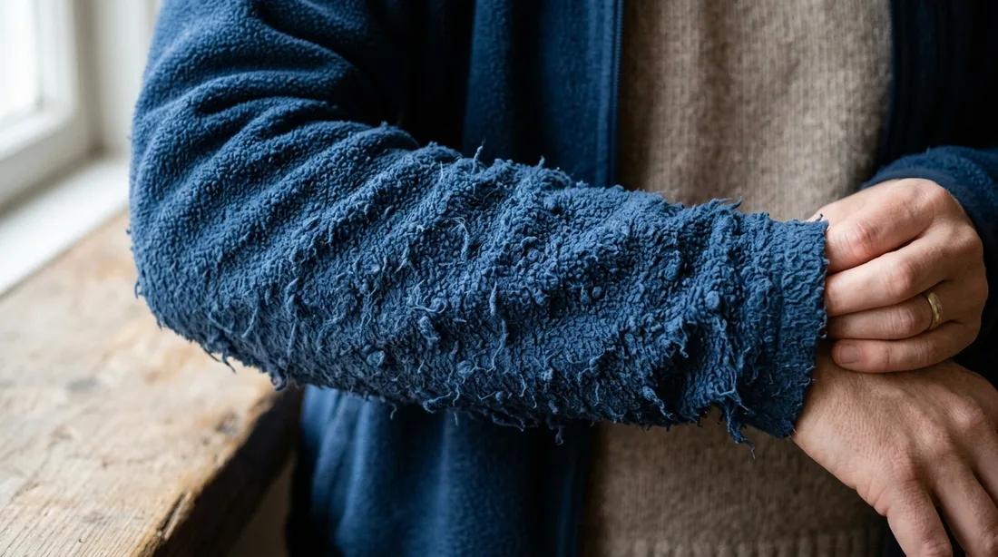Ärmel einer blauen Fleecejacke mit stark verfilzter, verknoteter Oberfläche
